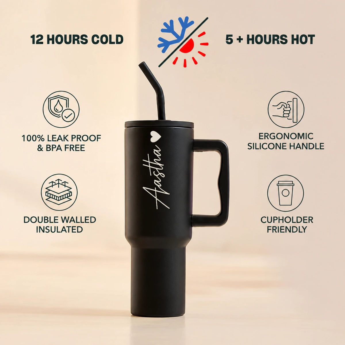 Personalised 1200ml Insulated Steel Tumbler with Handle & Straw