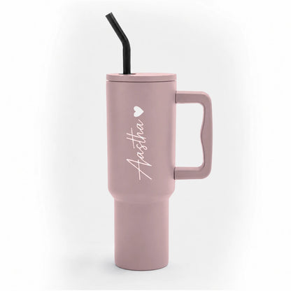 Personalised 1200ml insulated tumbler with handle in Dusty Rose, name engraved