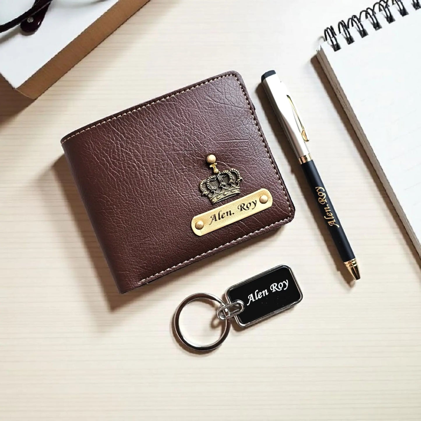 Personalised Men's Wallet, Metal Keychain & Premium Pen