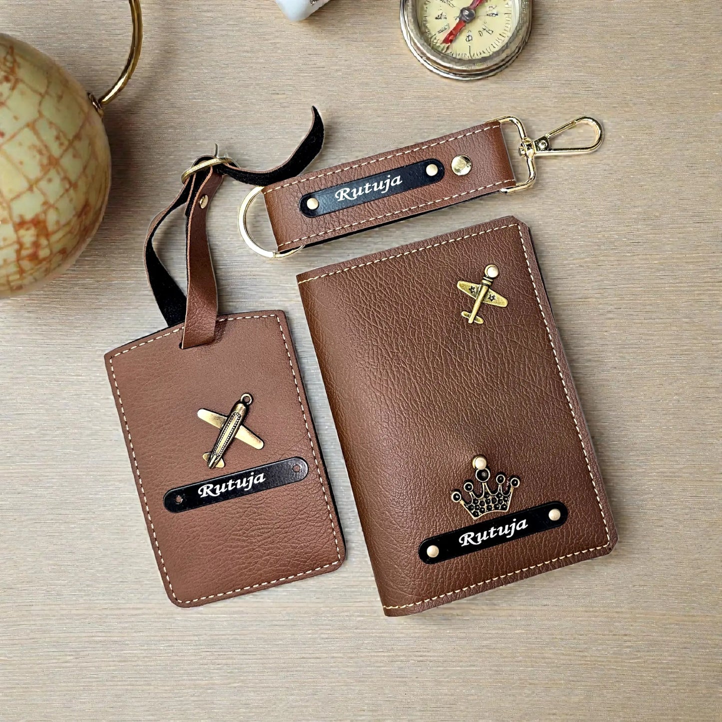 Personalized Vegan Leather Travel Combo – Passport Cover, Luggage Tag & Keychain