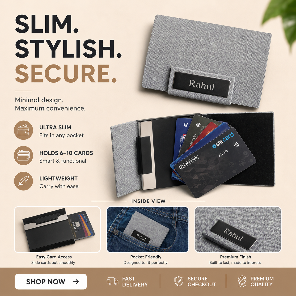 Personalized Card Holder - Fabric Finish (Grey)