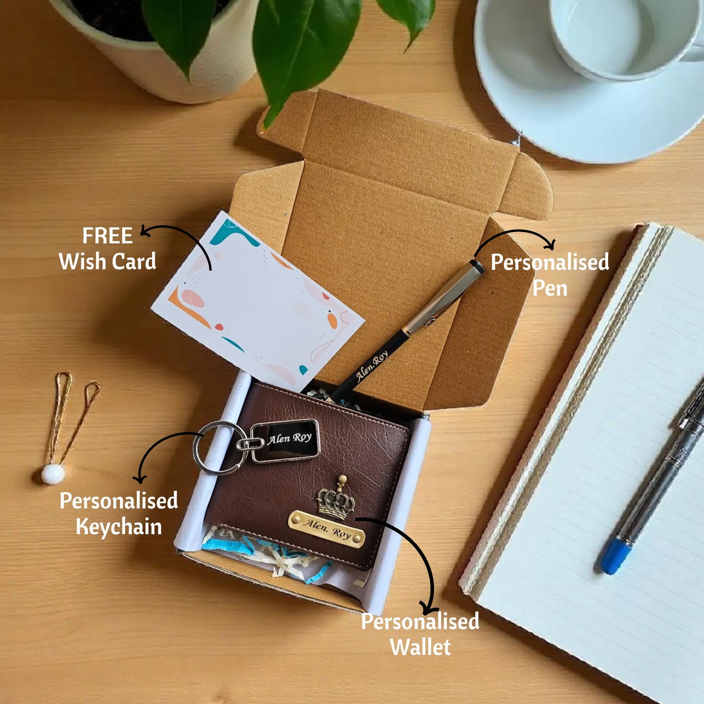 Personalised Men's Wallet, Metal Keychain & Premium Pen